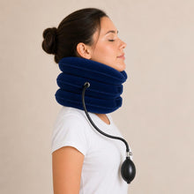 Side profile showing how the three inflated chambers rest on the shoulders and gently lift the chin to decompress the neck