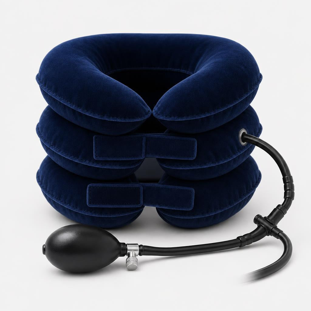 Inflatable cervical neck traction collar in navy blue velvet, front view with three air chambers, velcro straps and hand pump